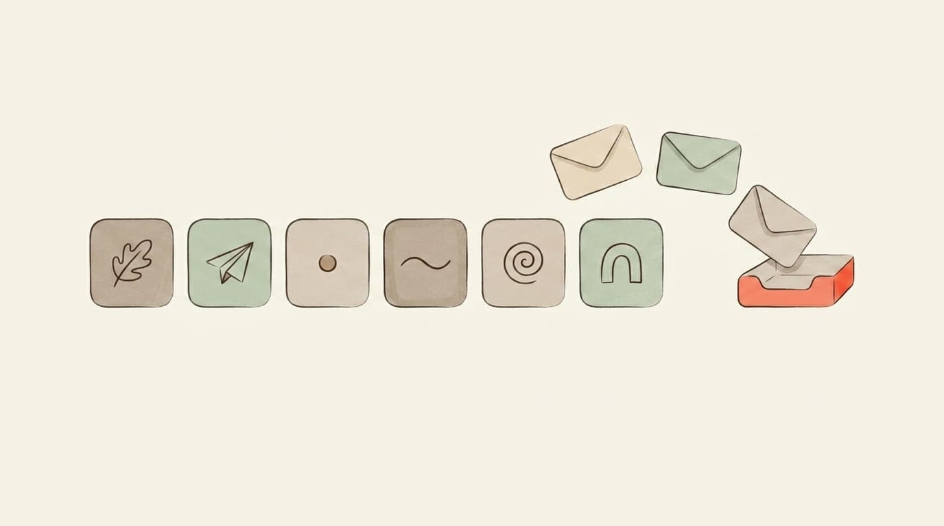 Illustration of newsletters from popular platforms arriving in a warm mailroom